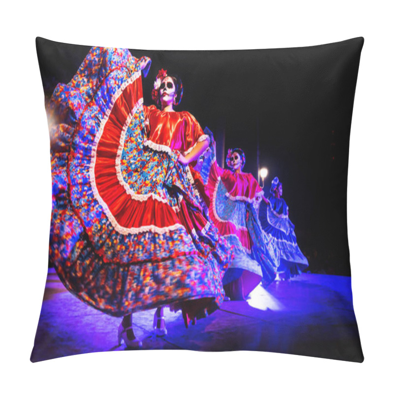 Personality  Dancing Catrinas With Skull Make Up For Dias De Los Muertos With Traditional Dresses At Remate De Paseo Montejo, Merida, Yucatan, Mexico Pillow Covers