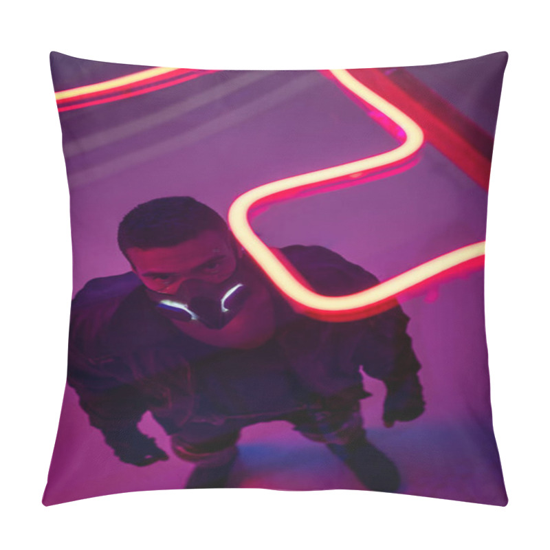 Personality  Overhead View Of Mixed Race Cyberpunk Player In Mask Near Red Neon Lighting  Pillow Covers