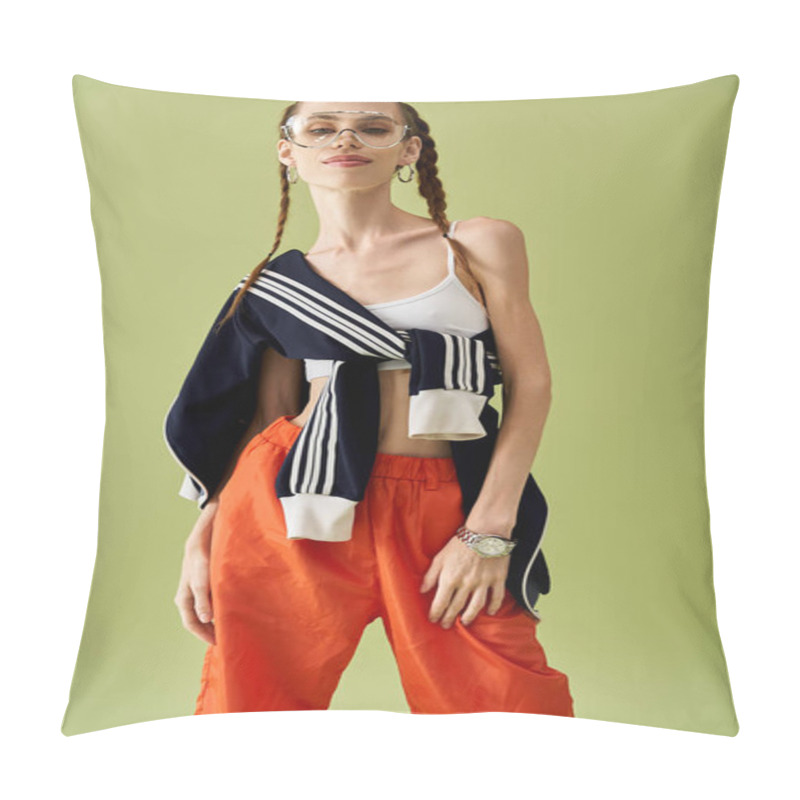 Personality  Young Woman With Anorexia Poses Confidently In Bright Clothing Against A Green Background. Pillow Covers