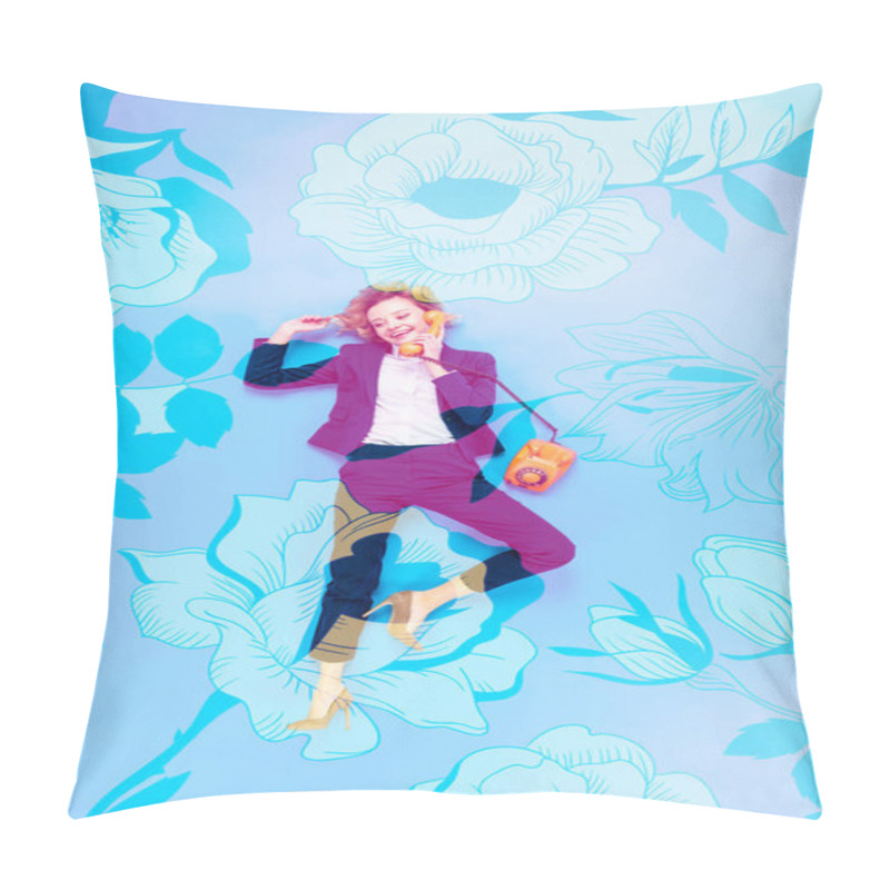 Personality  Top View Of Businesswoman In Suit And High-heeled Shoes Talking On Telephone While Lying On Blue Background With Floral Illustration Pillow Covers