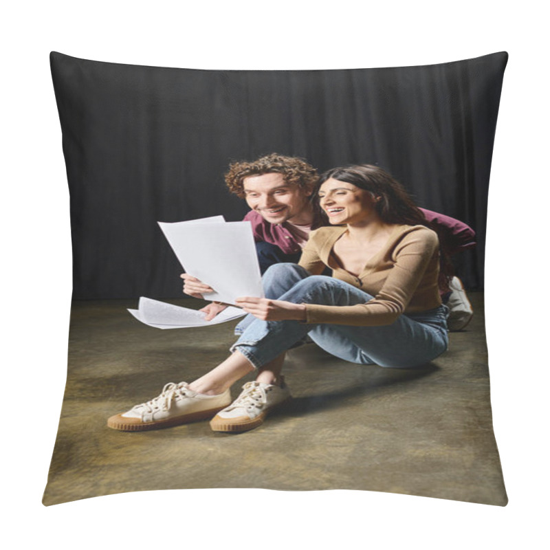 Personality  A Man And Woman Share Ideas While Holding Papers On The Ground. Pillow Covers