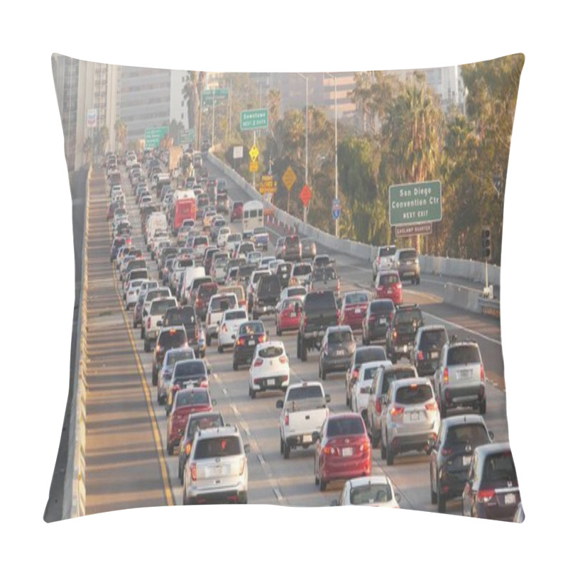 Personality  SAN DIEGO, CALIFORNIA USA - 15 JAN 2020: Busy Intercity Freeway, Traffic Jam On Highway During Rush Hour. Urban Skyline And Highrise Skyscrapers. Transportation Concept And Transport In Metropolis. Pillow Covers