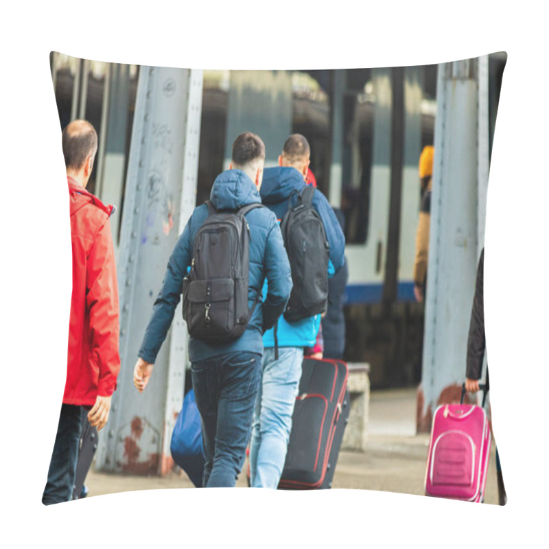 Personality  Travelers And Commuters Carry Luggage And Backpacks On The Train Platform Of Bucharest North Railway Station (Gara De Nord Bucharest) In Bucharest, Romania, 2020 Pillow Covers