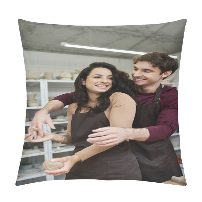 Personality  A Couple Shares Smiles And Creativity While Making Pottery In A Contemporary Space. Pillow Covers