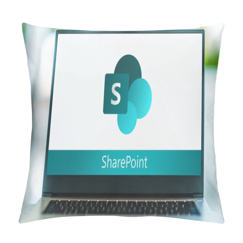 Personality  POZNAN, POL - MAY 1, 2021: Laptop Computer Displaying Logo Of SharePoint Is A Web-based Collaborative Platform, Part Of The Office Family Software And Services Developed By Microsoft Pillow Covers