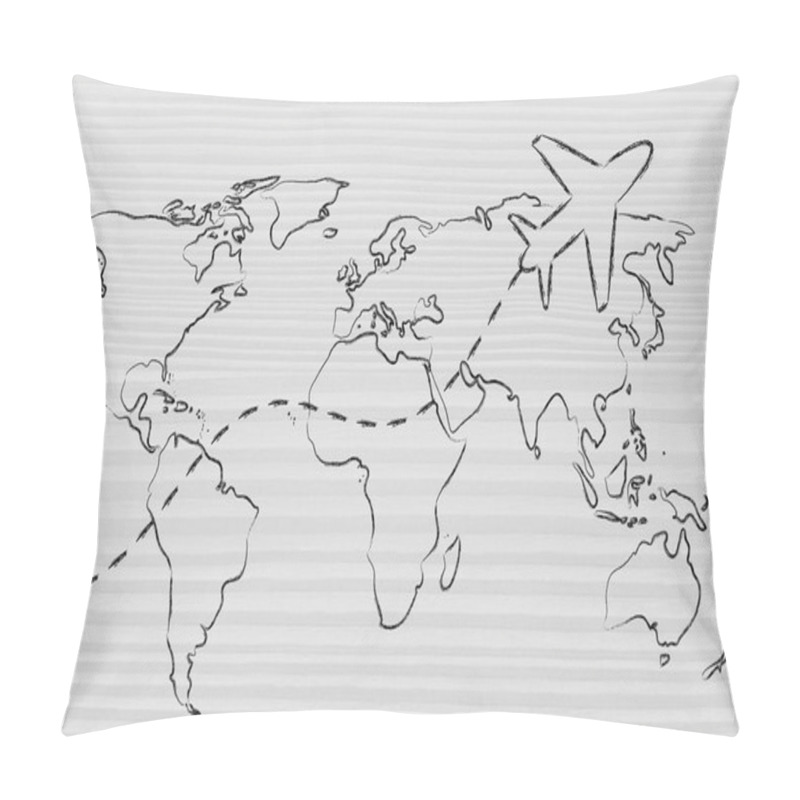 Personality  Travel Industry: World Map With Airplane Routes Pillow Covers