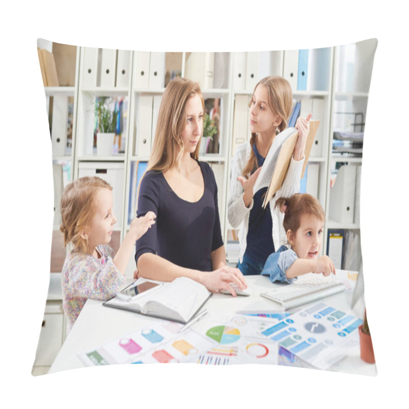 Personality  Young White Collar Worker Sitting At Desk And Creating Visual Presentation For Business Partners While Her Little Daughters Trying To Attract Her Attention, Office Interior On Background Pillow Covers