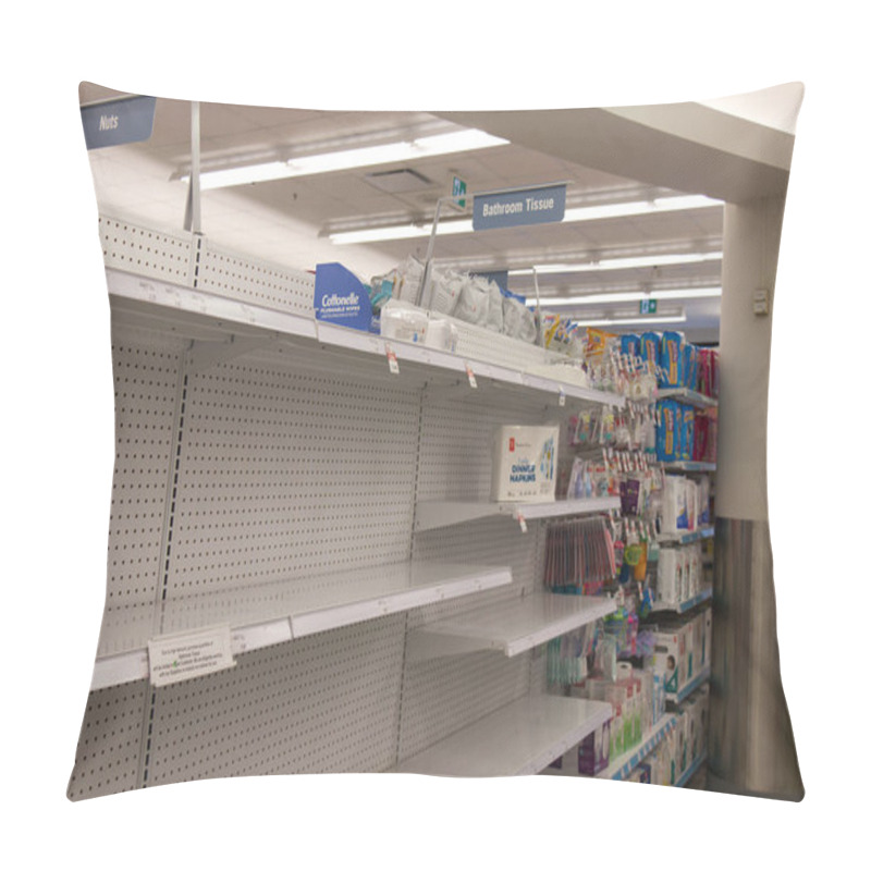 Personality  Vancouver, Canada - March 15,2020: Empty Shoppers Drug Mart Store Shelves Show Shortage Of Bathroom Tissue As Coronavirus (COVID-19) Fears People To Buy More Supplies Pillow Covers