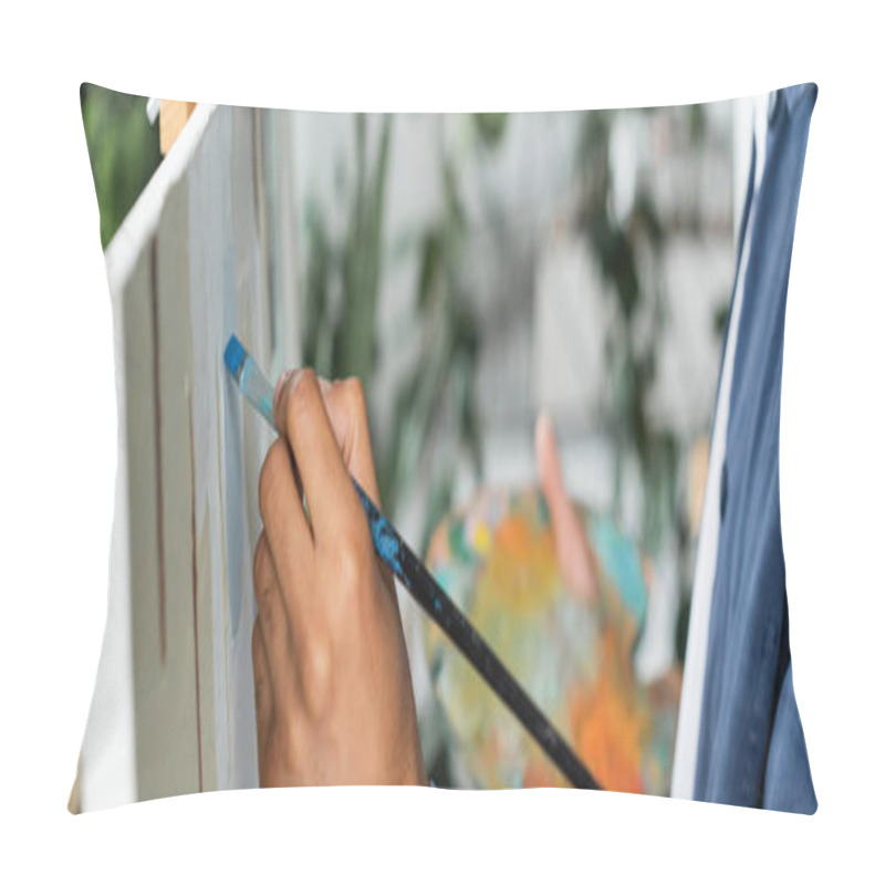 Personality  Cropped View Of African American Man Painting On Canvas In Studio, Banner  Pillow Covers