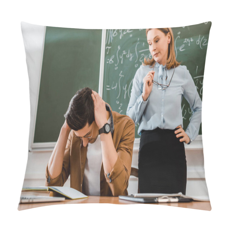 Personality  Student Holding Head And Looking Upset Near Female Teacher Pillow Covers