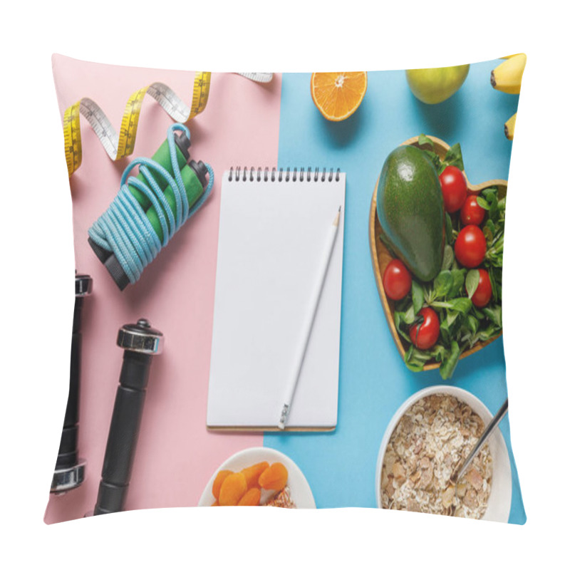 Personality  Top View Of Fresh Diet Food Near Sport Equipment And Measuring Tape Around Blank Notebook On Pink And Blue Background Pillow Covers