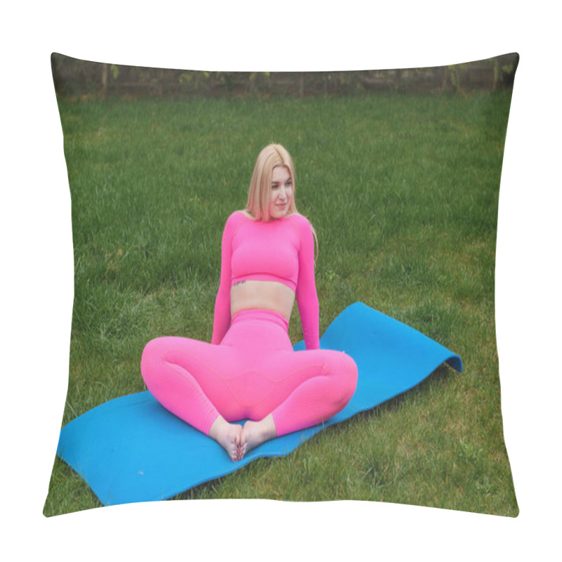 Personality  Young Beautiful Girl In A Pink Suit Sitting In The Lotus Position Pillow Covers