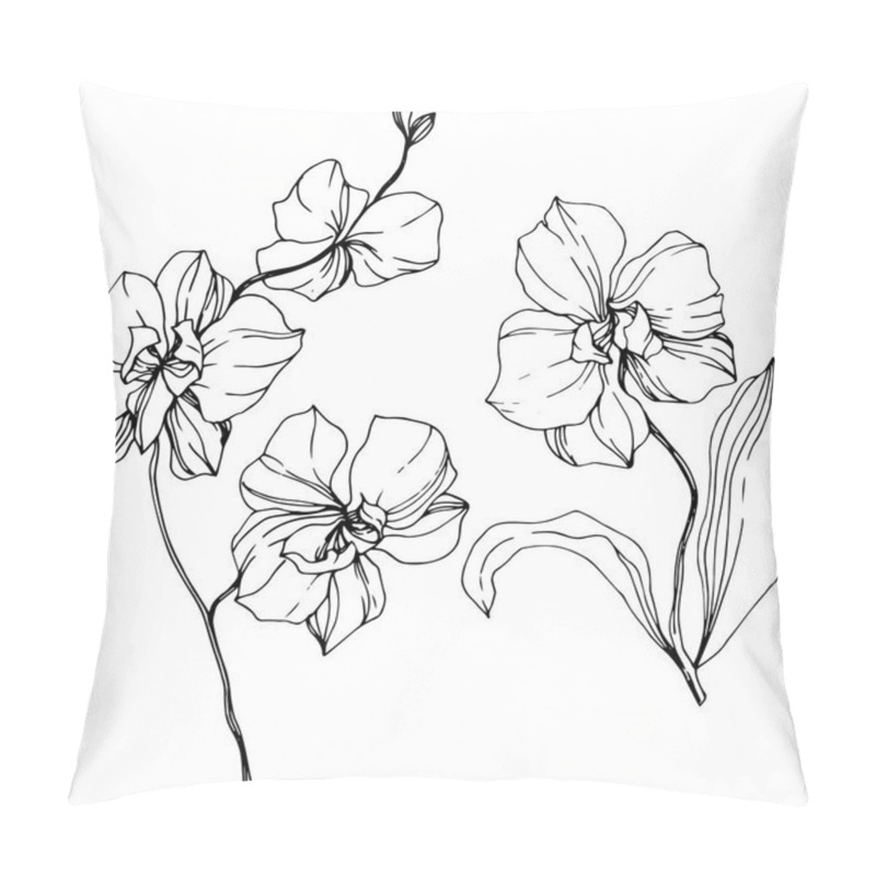 Personality  Vector Monochrome Orchids Isolated On White. Engraved Ink Art. Pillow Covers