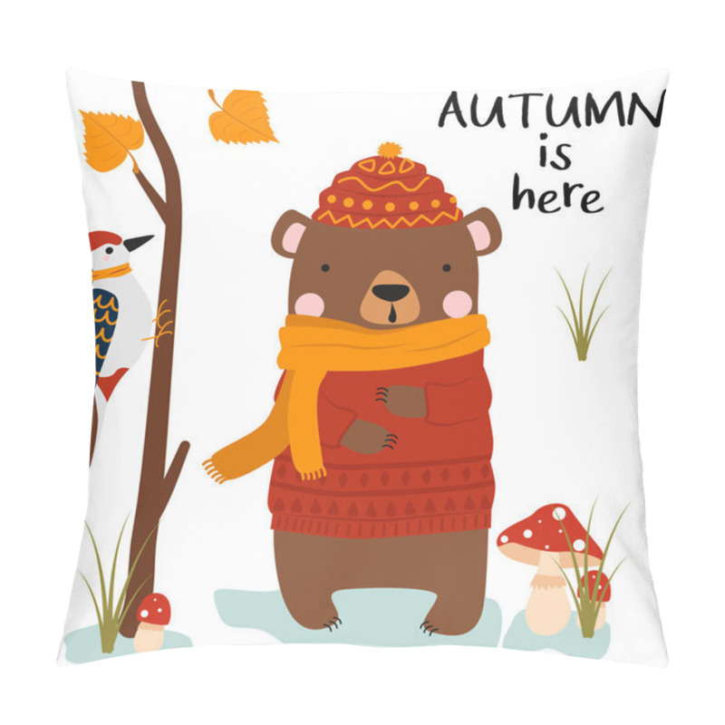 Personality  Poster Autumn Is Here With Bear On A White Background - Vector Illustration, Eps Pillow Covers