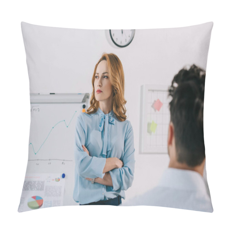 Personality  Selective Focus Of Pensive Businesswoman At White Board And Colleague In Office Pillow Covers