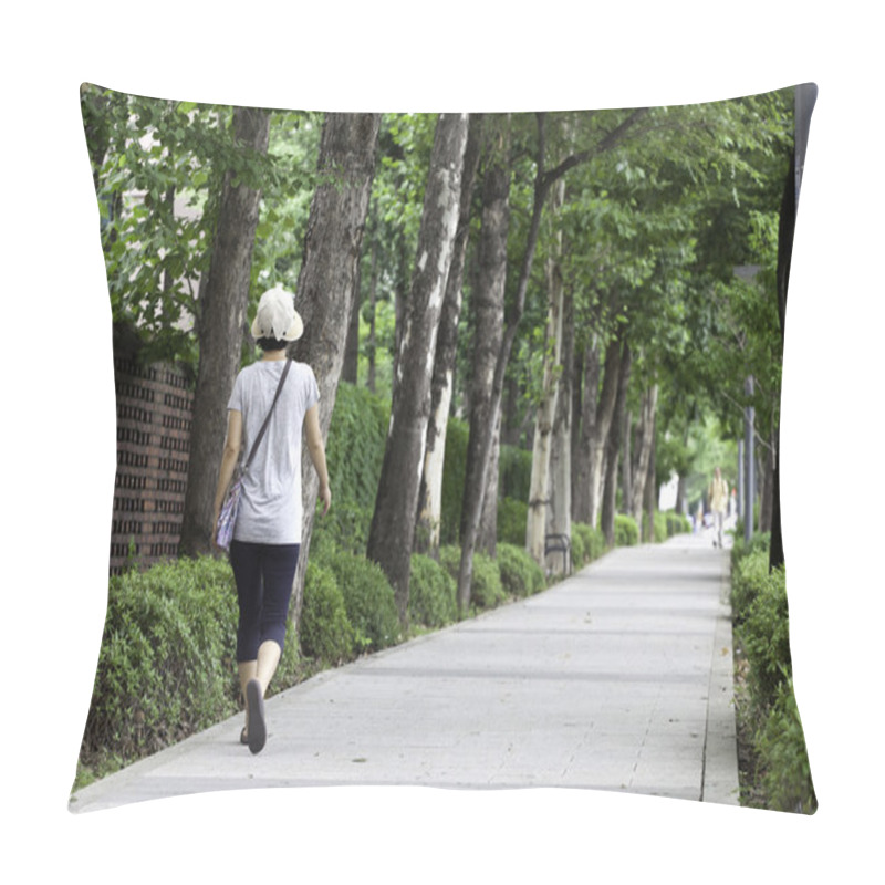 Personality  Woman Walks Along Sidewalk. Pillow Covers