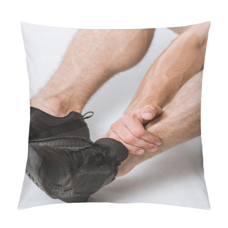 Personality  Partial View Of Sportsman With Ankle Pain On Grey Pillow Covers