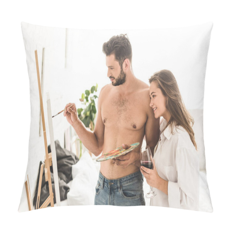 Personality  Sexy Young Man Drawing While Girl Standing With Wine And Looking At Painting Pillow Covers