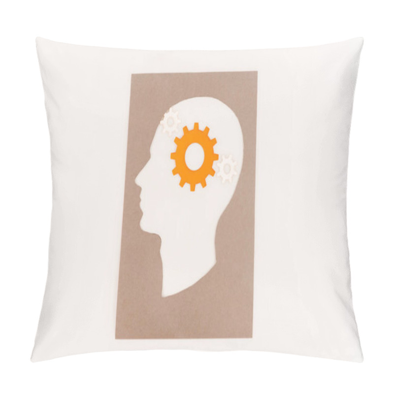 Personality  Top View Of Human Head Silhouette With Orange Gear Isolated On White Pillow Covers