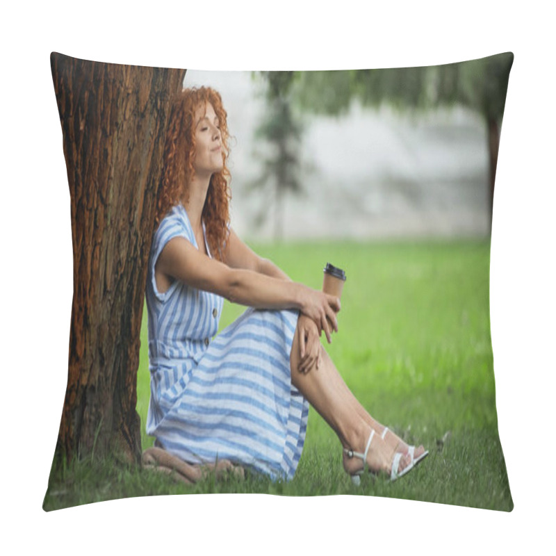 Personality  Smiling Redhead Woman In Blue Dress Sitting Under Tree Trunk And Holding Coffee To Go  Pillow Covers