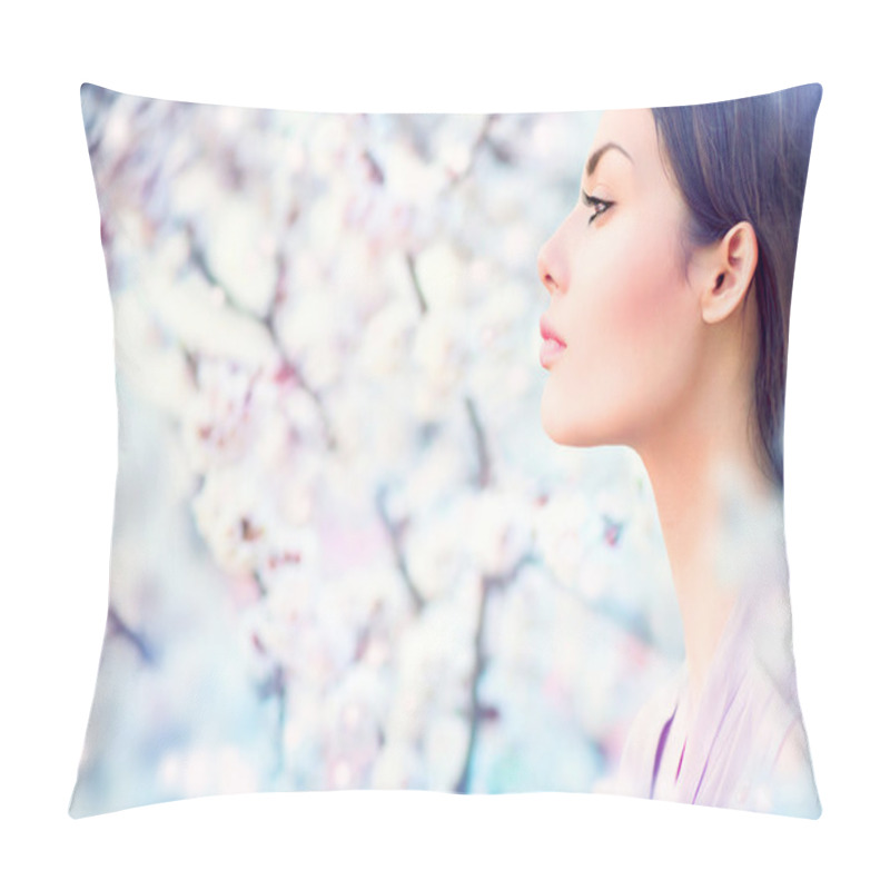 Personality  Girl Outdoor Portrait In Blooming Trees Pillow Covers