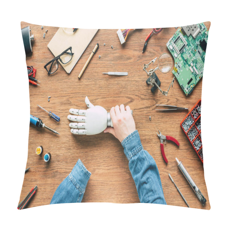 Personality  Cropped Image Of Man With Amputee Holding Prosthetic Arm In Hand Pillow Covers