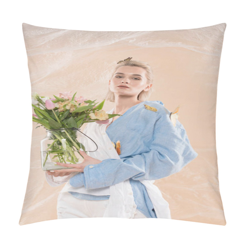 Personality  Attractive Girl Standing With Butterflies On Eco Clothing And Holding Glass Vase With Flowers On Beige Background, Environmental Saving Concept  Pillow Covers