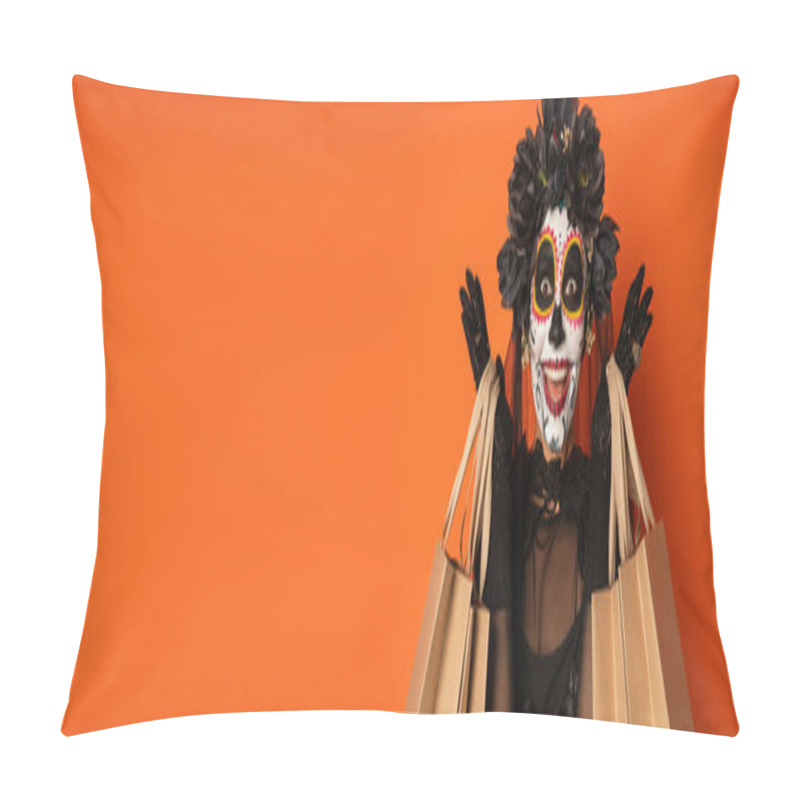 Personality  Excited Woman In Spooky Halloween Makeup And Black Wreath Holding Shopping Bags Isolated On Orange, Banner Pillow Covers