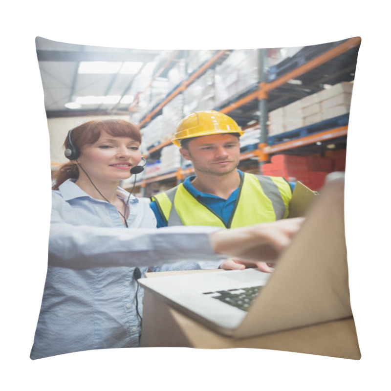 Personality  Smiling Businesswoman Wearing Headset Using Laptop Pillow Covers