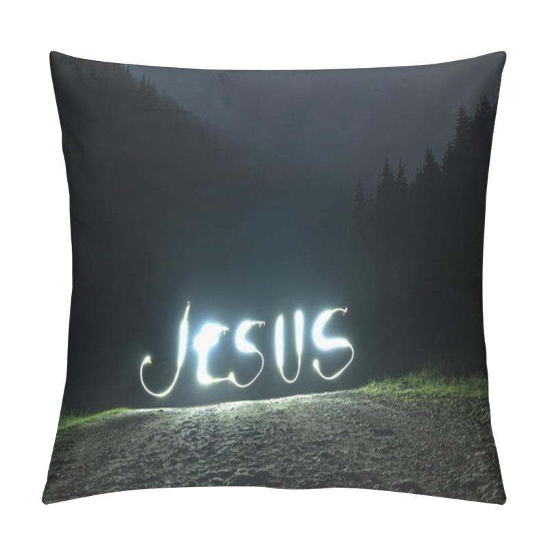 Personality  Inscription Jesus Made On A Long Exposure At Night On The Road Among The Forest. Pillow Covers