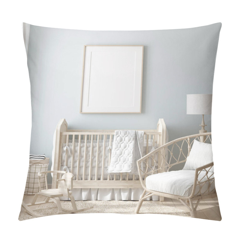 Personality  Mock Up Frame In Boy Nursery With Natural Wooden Furniture, 3D Render Pillow Covers