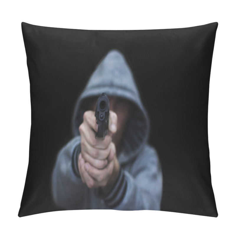 Personality  A Man Aims From A Pistol. Isolated On A Black Background. The Concept Of Threat, Danger, Defense Pillow Covers