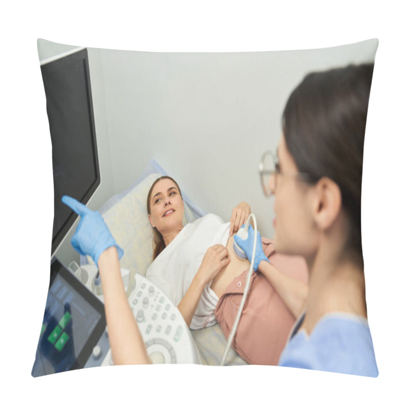 Personality  A Gynecologist Conducts A Diagnostic Checkup With A Female Patient, Providing Care And Support. Pillow Covers