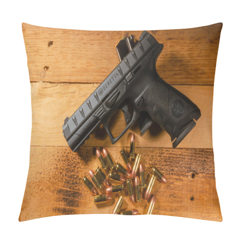 Personality  Semi-automatic Pistol With Unspent Ammo Laying Flat On A Wooden Background Pillow Covers