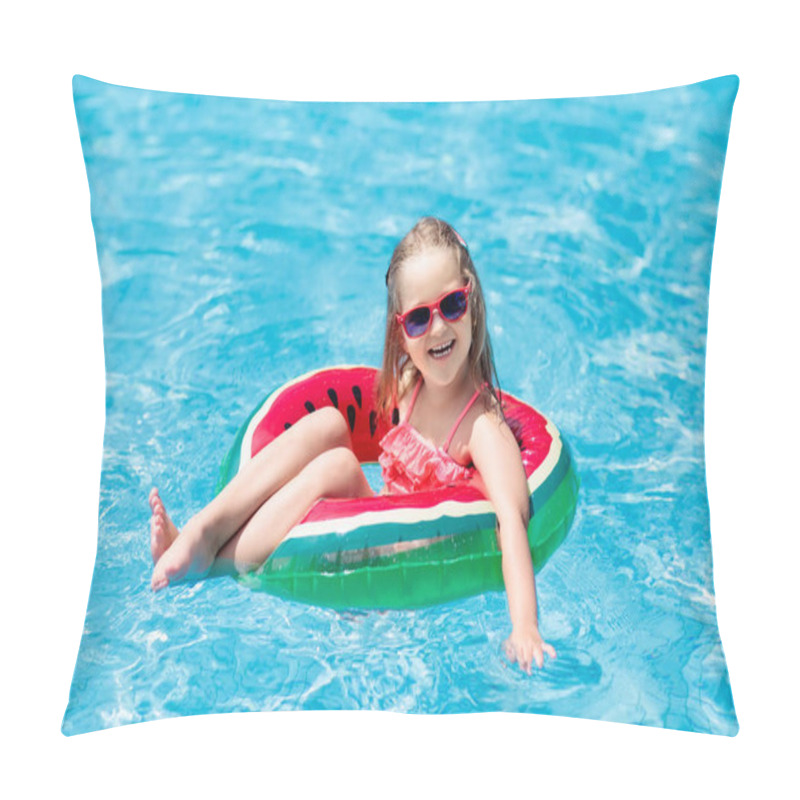 Personality  Child With Watermelon Inflatable Ring In Swimming Pool. Little Girl Learning To Swim In Outdoor Pool Of Tropical Resort. Kid Eye Wear. Water Toys And Floats For Kids. Healthy Sport For Children.  Pillow Covers