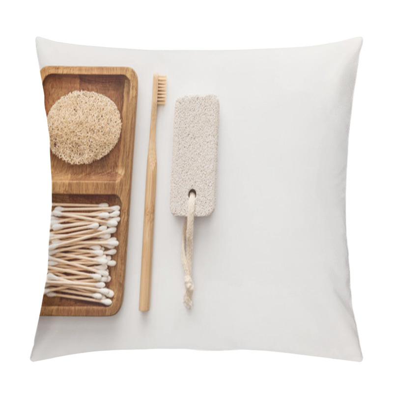 Personality  Flat Lay With Wooden Dish With Cotton Swabs And Loofah Near Toothbrush And Pumice Stone On White Background Pillow Covers