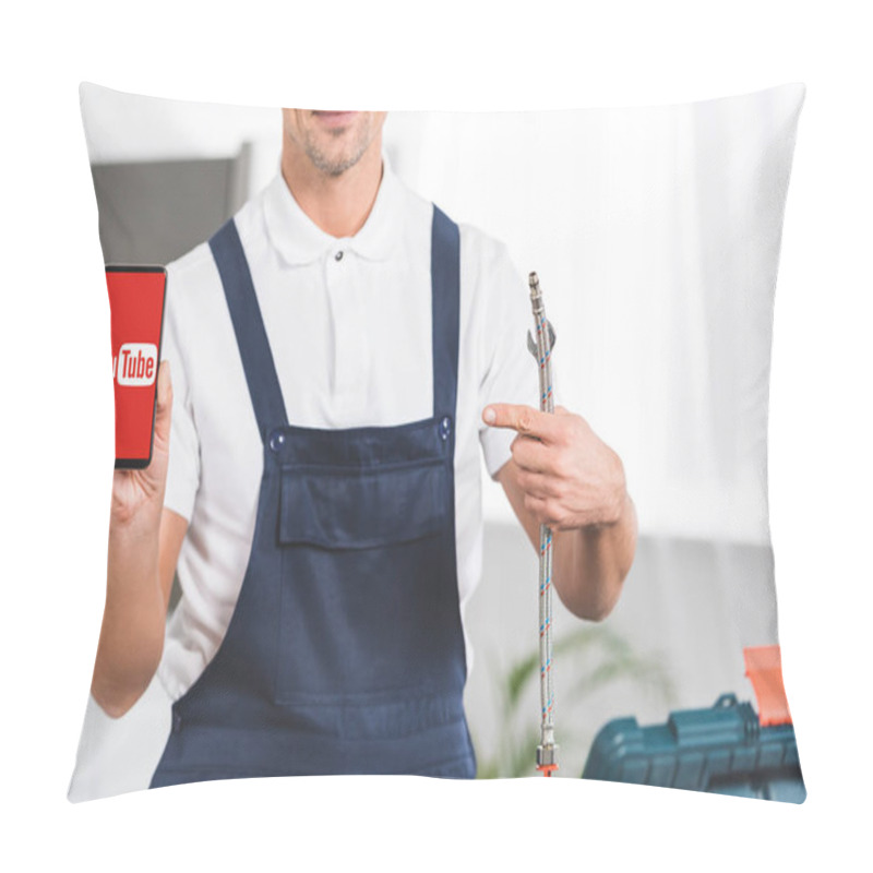 Personality  Cropped View Of Smiling Adult Repairman Holding Smartphone And Pointing With Finger At Screen With Youtube App  Pillow Covers