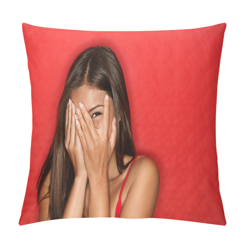 Personality  Playful Shy Woman Hiding Face Laughing Pillow Covers