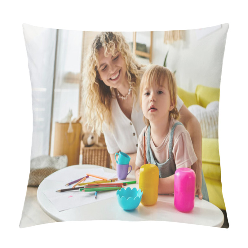 Personality  A Curly-haired Mother And Her Toddler Daughter Joyfully Engage In Montessori-based Play At Home With Colorful Toys. Pillow Covers