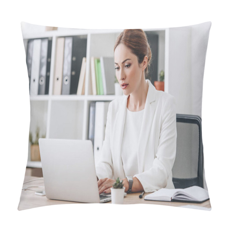 Personality  Serious Professional Businesswoman In Formal Wear Working With Laptop In Office Pillow Covers