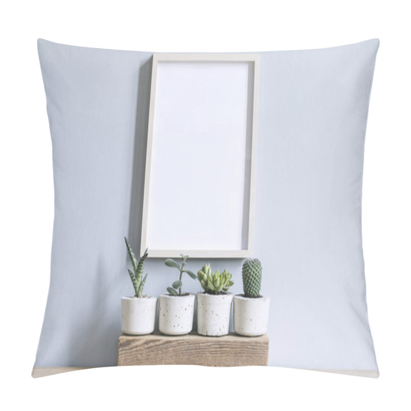 Personality  Green Succulents In Cement Pots And Blank Frame On Wooden Table Pillow Covers