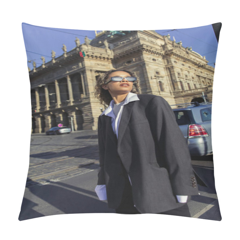 Personality  Stylish African American Woman In Oversized Blazer And Sunglasses Standing Near National Theatre In Prague Pillow Covers