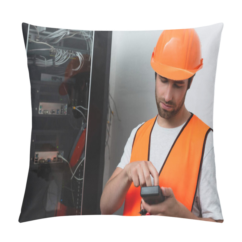 Personality  Workman In Helmet Holding Electrical Tester Near Switchboard  Pillow Covers