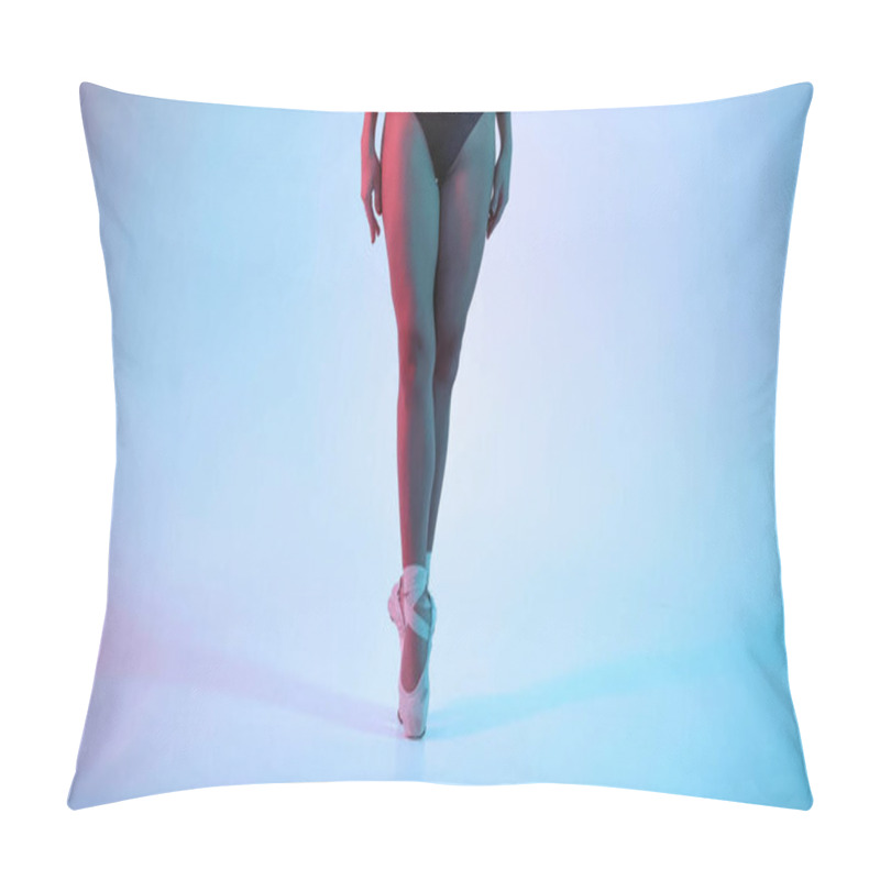 Personality  Partial View Of Young Ballerina In Bodysuit And Pointe Shoes Dancing On Blue  Pillow Covers