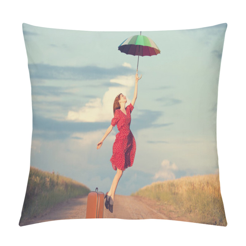 Personality  Redhead Girl With Umbrella And Suitcase At Outdoor Pillow Covers