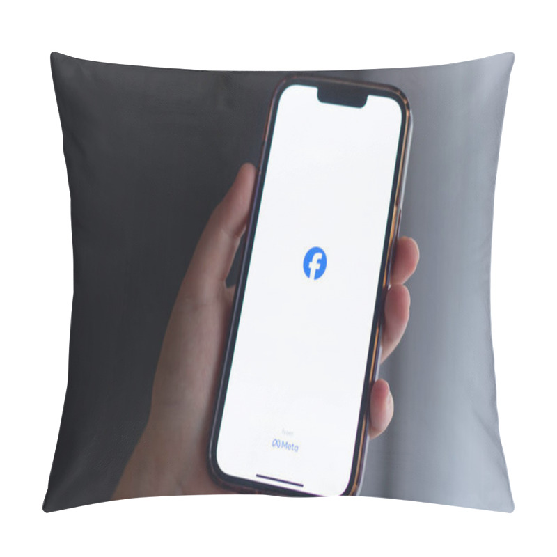 Personality  Kaliningrad, Russia - 13 September, 2024. Woman Holds Iphone With Facebook Application On Screen Indoors At Home. Facebook And Meta Logo. Pillow Covers