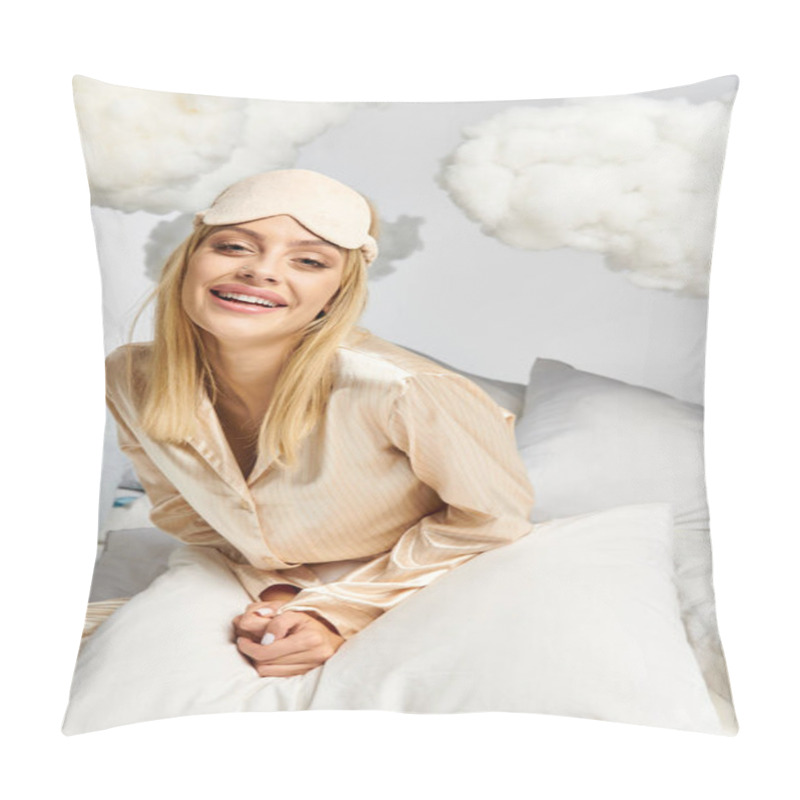 Personality  A Dreamy Blonde Woman In Cozy Pyjamas Sits Atop A White Pillow Among Fluffy Clouds. Pillow Covers