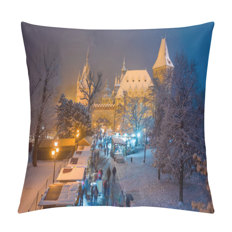 Personality  Budapest, Hungary - Christmas Market In Snowy City Park (Varosliget) From Above At Night With Snowy Trees And Vajdahunyad Castle At Background Pillow Covers