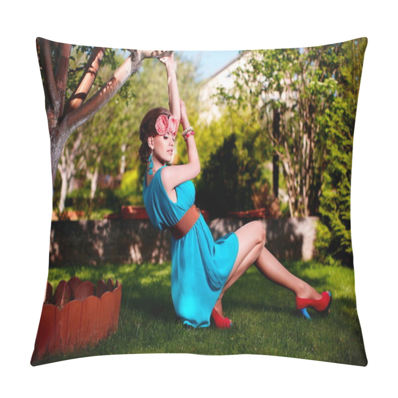 Personality  Woman In Bright Blue Dress Posing Outdoors Sitting In Green Grass Pillow Covers