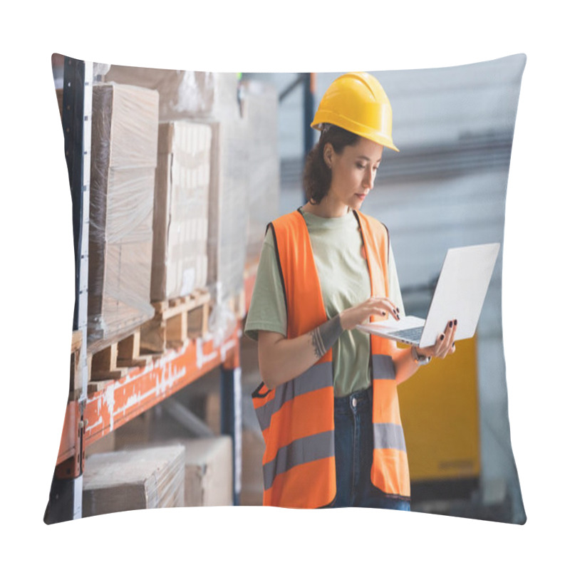 Personality  Female Worker In Hard Hat And Safety Vest Using Laptop While Checking Cargo In Warehouse, Management Pillow Covers